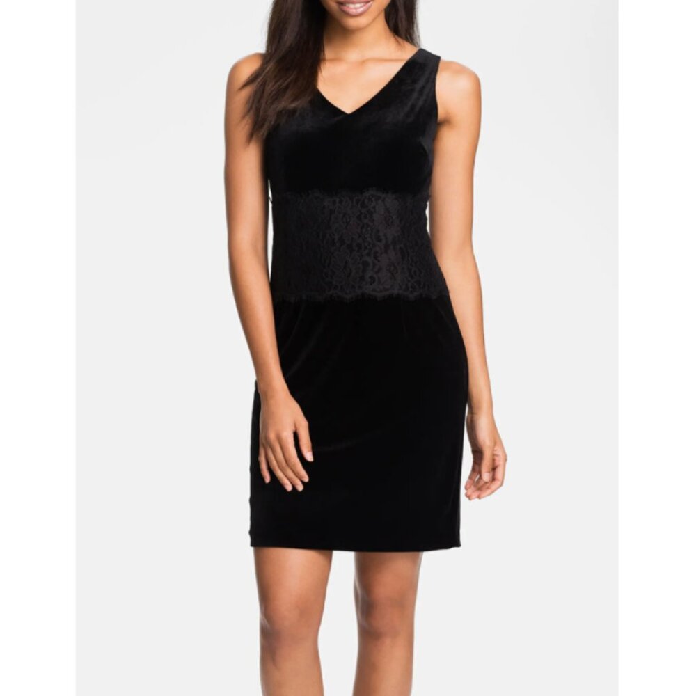 NWT DONNA MORGAN Women's Black V-Neck Lace Inset Velvet Cocktail Dress Sz 14